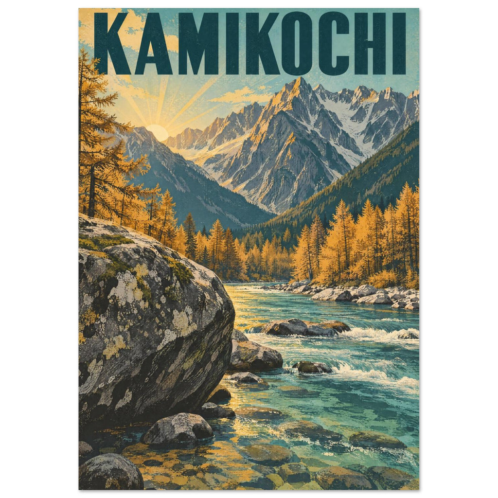Kamikochi travel poster with snowy mountain peaks, golden trees, a turquoise river and large rocks beneath bold lettering.