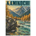 Kamikochi travel poster with snowy mountain peaks, golden trees, a turquoise river and large rocks beneath bold lettering.