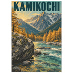 Kamikochi travel poster with snowy mountain peaks, golden trees, a turquoise river and large rocks beneath bold lettering.