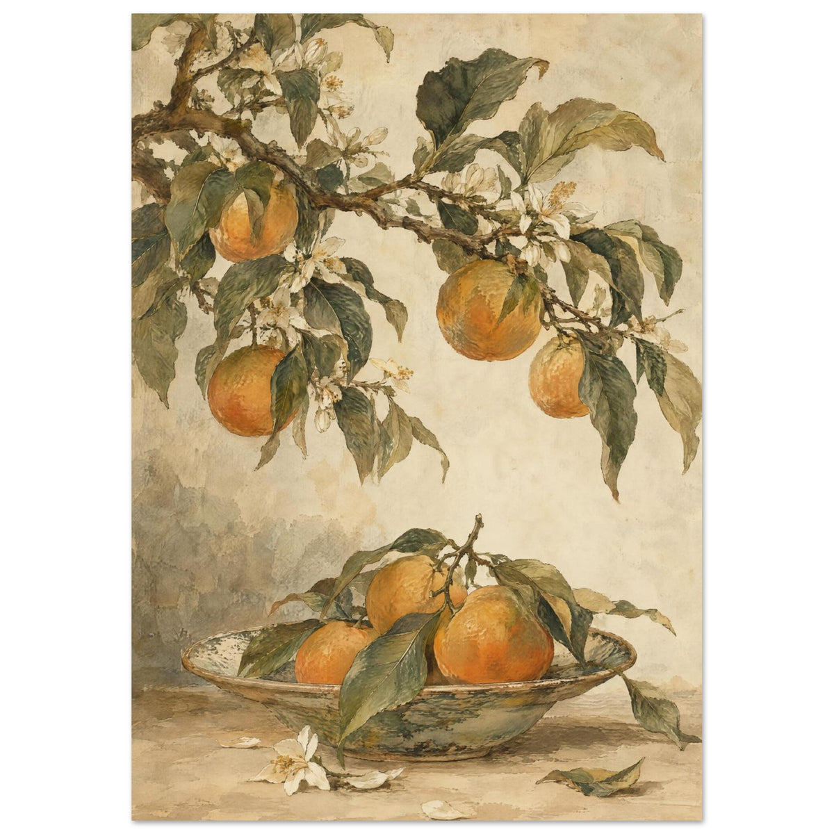 Mandarin oranges and white blossom on leafy branches above a patterned bowl of citrus fruit against a cream background.