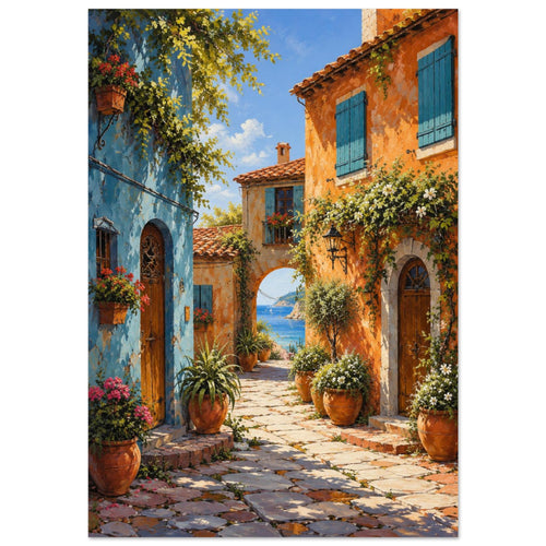 Coastal village lane with blue and orange buildings, potted flowers and a stone archway opening onto a sea view.