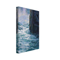 Dark timber lock gates with foaming blue and teal water rushing through, and calm water and trees beyond.
