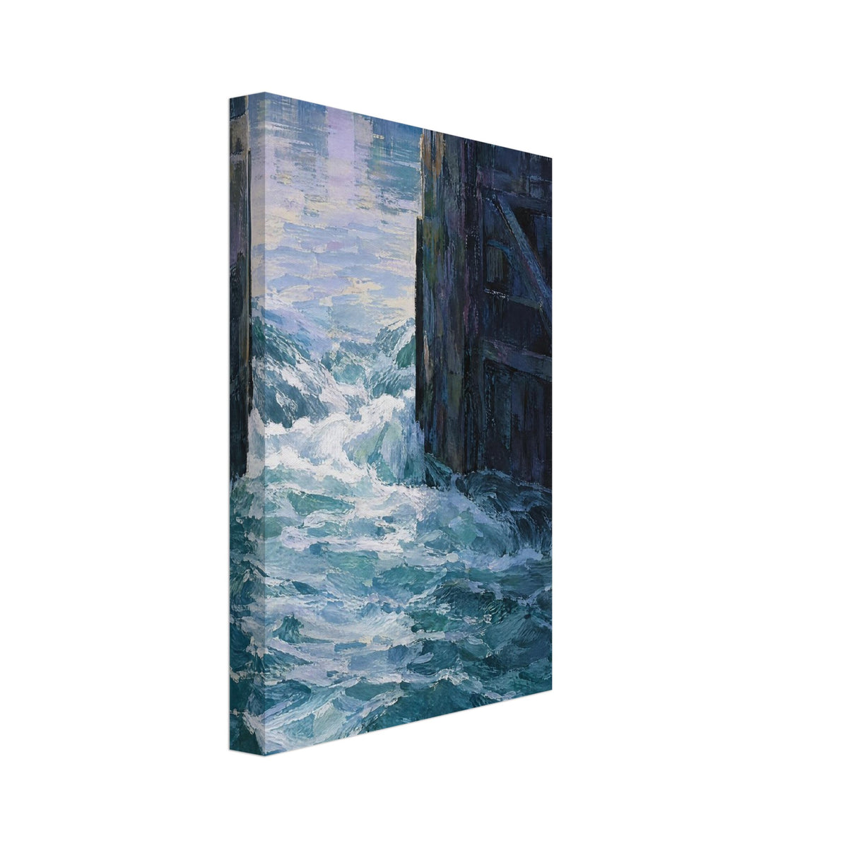 Dark timber lock gates with foaming blue and teal water rushing through, and calm water and trees beyond.