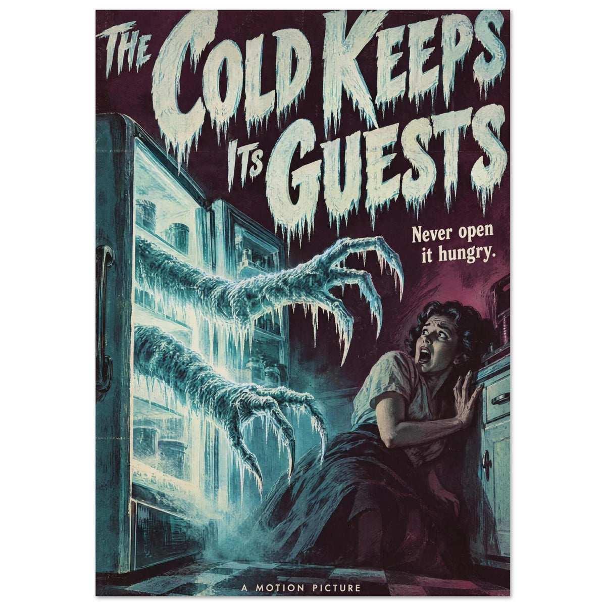 Icy monster claws reach from an open fridge towards a terrified woman beneath ‘The Cold Keeps Its Guests’ lettering.
