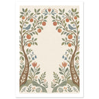 Two fruit trees with blue birds, green leaves and terracotta flowers curve around an open cream centre.