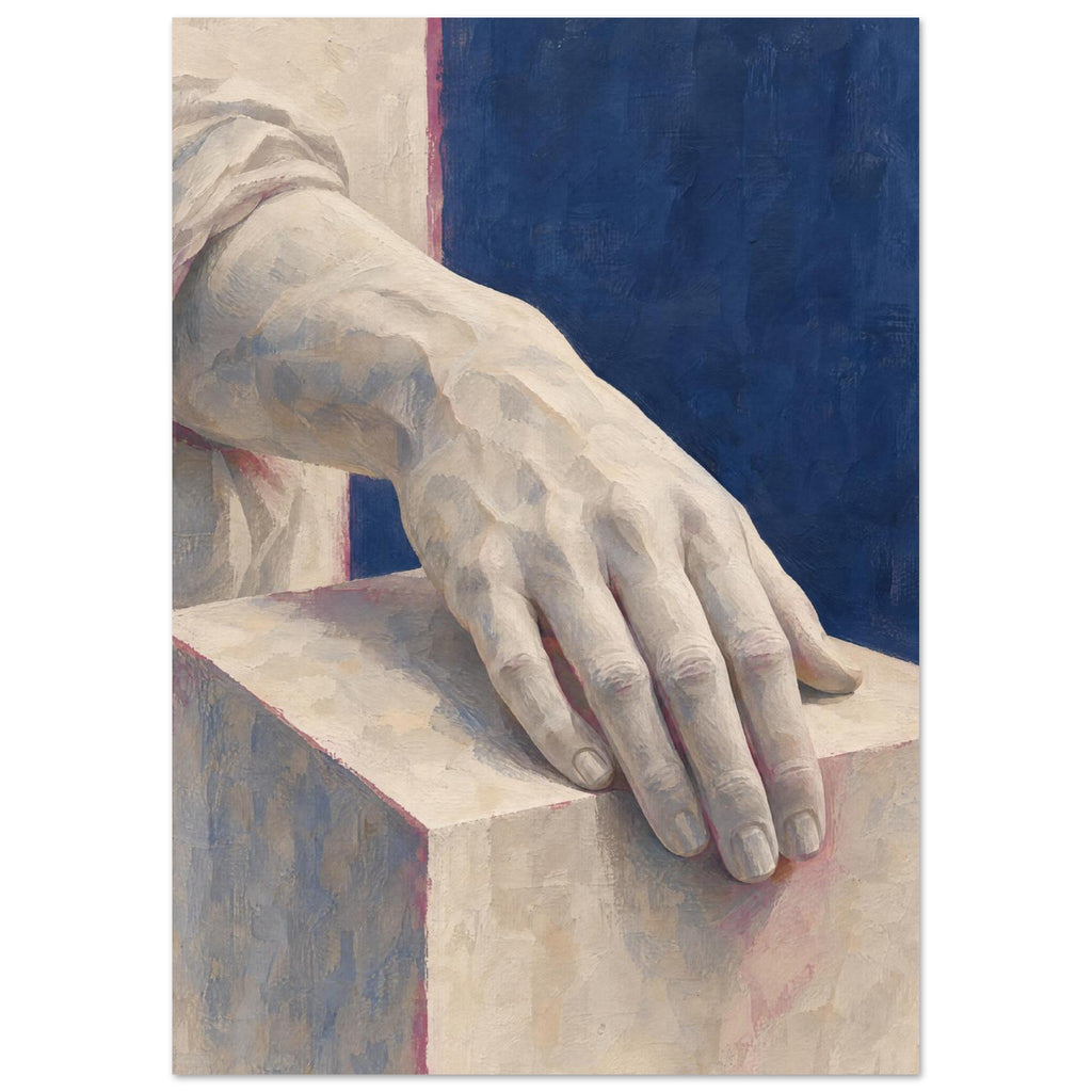 Pale painted hand resting on a rectangular block, with draped fabric at the wrist and a deep blue background.