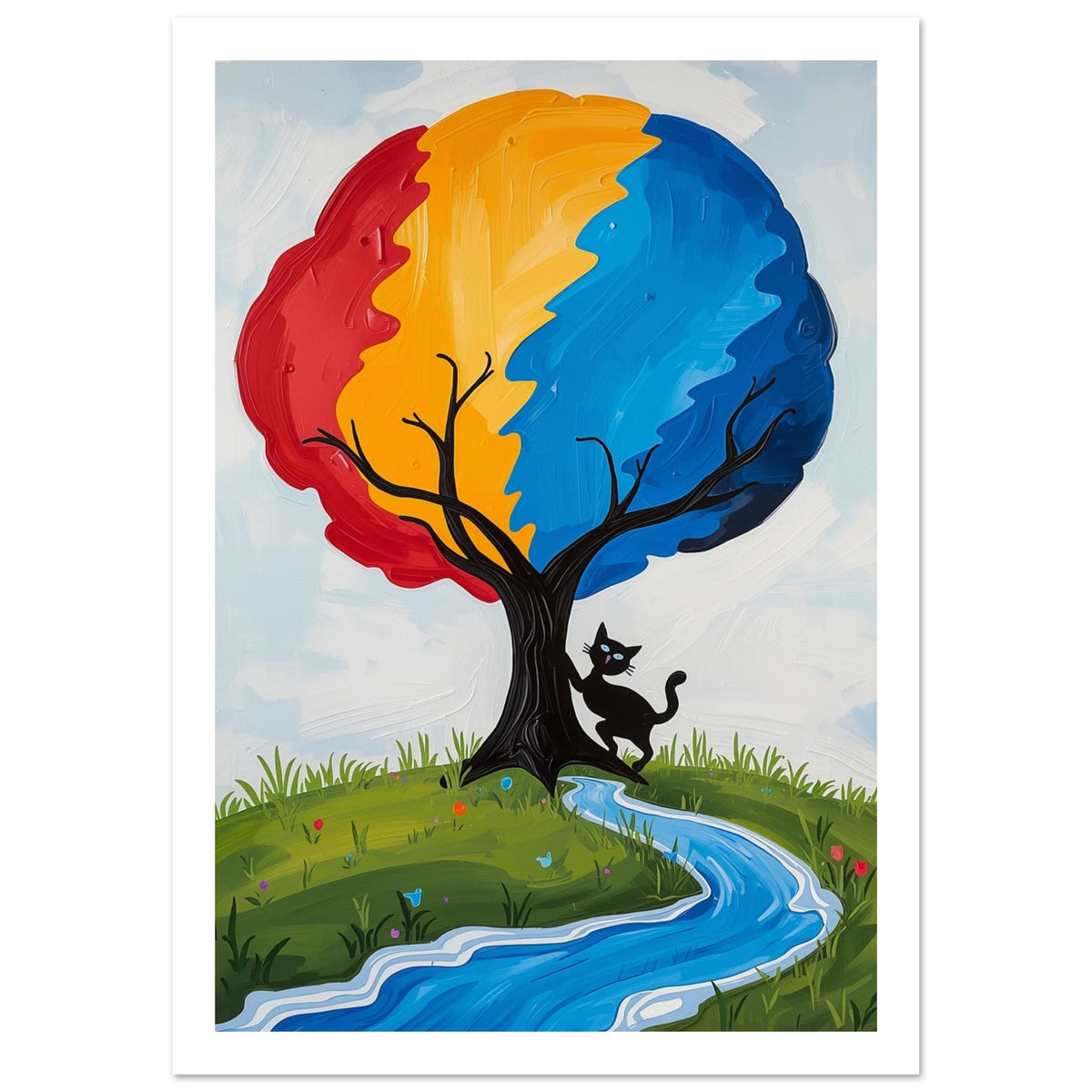 Tree with a red, yellow and blue canopy, a black cat beside its trunk, and a winding blue stream through green grass.