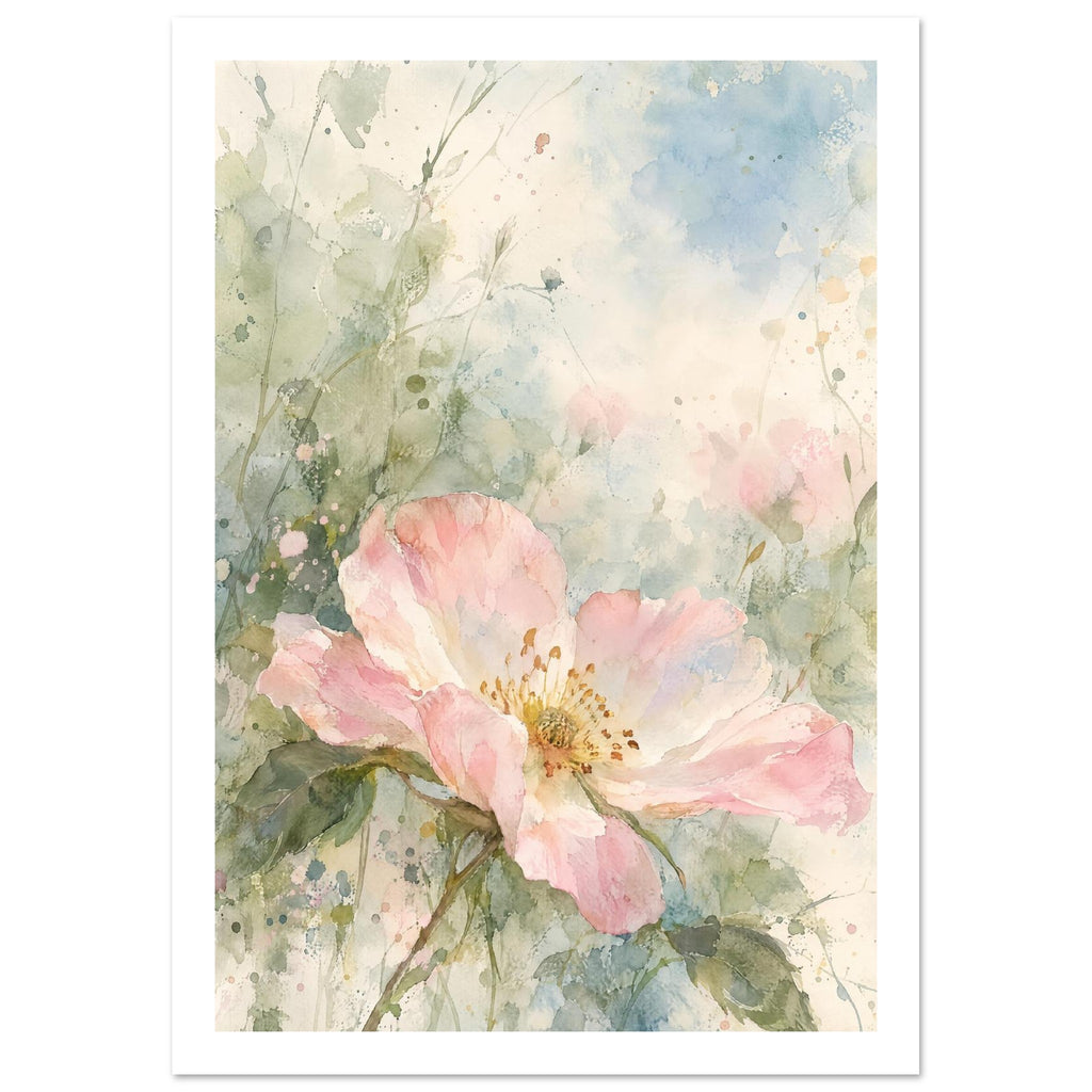 Open pink wild rose with a golden centre and green leaves against loose pale blue, sage and cream watercolour washes.