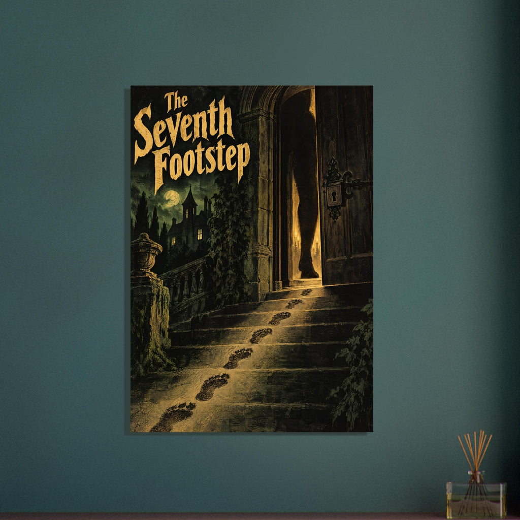 The Seventh Footstep lettering above footprints on stone stairs leading to a lit doorway, with a moonlit building beyond.