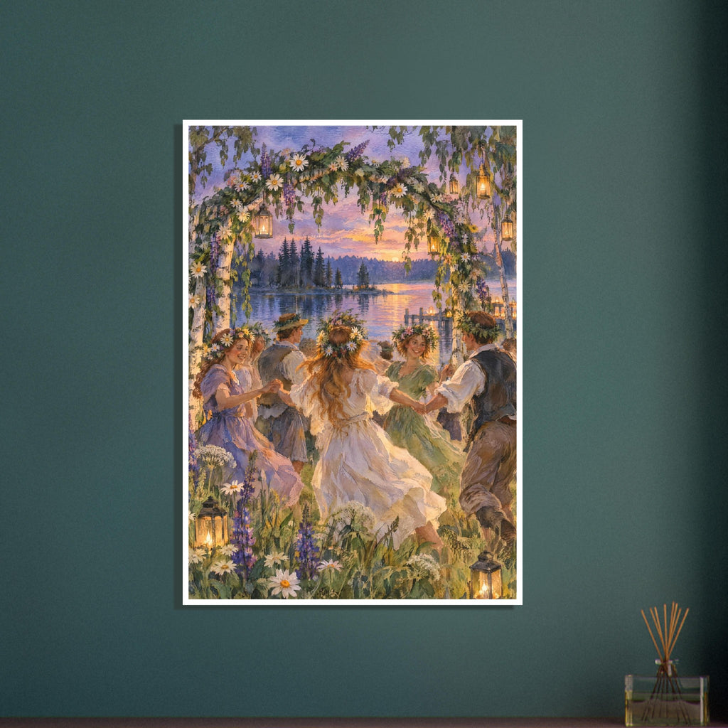 Flower-crowned dancers holding hands beneath a floral arch with lanterns, beside a lake at sunset.