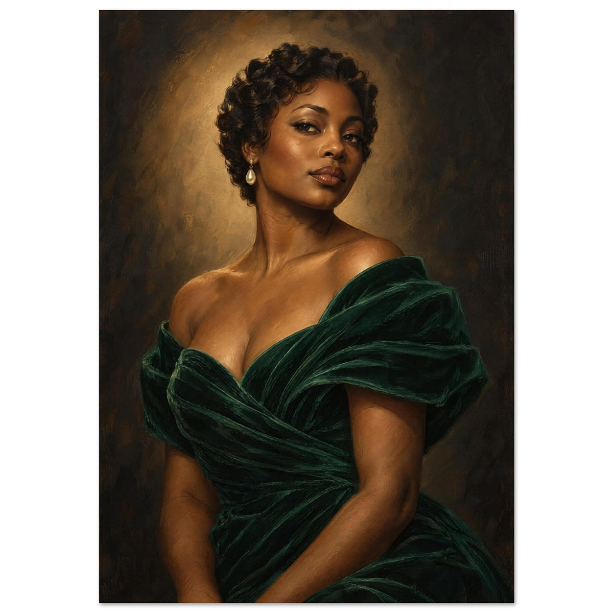 The Velvet Spotlight depicts a woman with short curls in an emerald gown beneath warm oval lighting against charcoal.