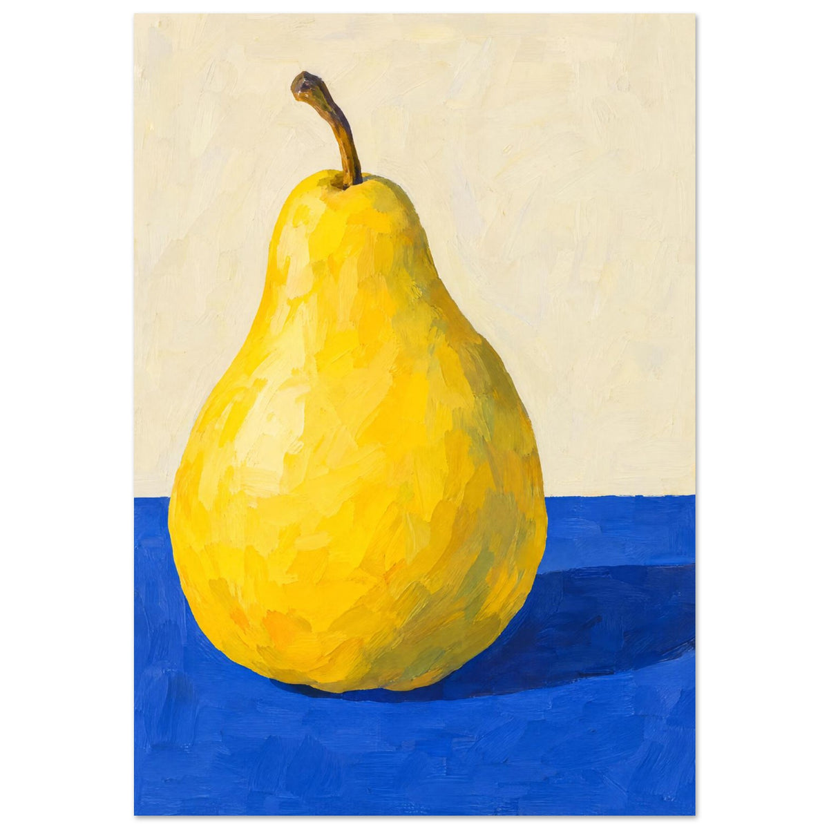 Yellow pear with a curved brown stem on a cobalt-blue tabletop, casting a dark shadow against a cream background.