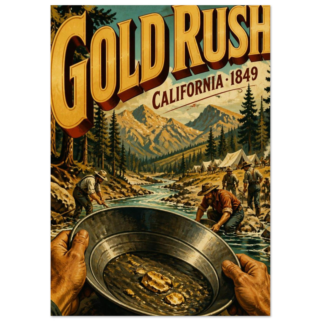 Gold Rush California 1849 lettering above prospectors, mountain scenery and hands holding a pan of gold nuggets.