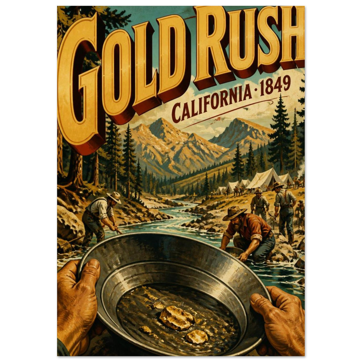 Gold Rush California 1849 lettering above prospectors, mountain scenery and hands holding a pan of gold nuggets.