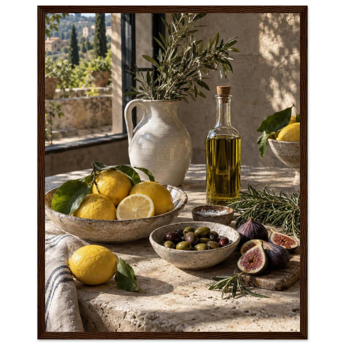 Lemons, olives, figs and a bottle of oil on a stone table beside a ceramic jug of leafy branches and a sunlit window.