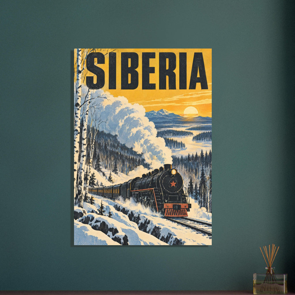 Steam train crossing snowy woodland beneath Siberia lettering, with billowing steam, distant mountains and a golden sky.