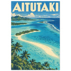 Aitutaki lagoon with turquoise water, cream sandbanks, green palms and distant hills beneath large cream AITUTAKI lettering.