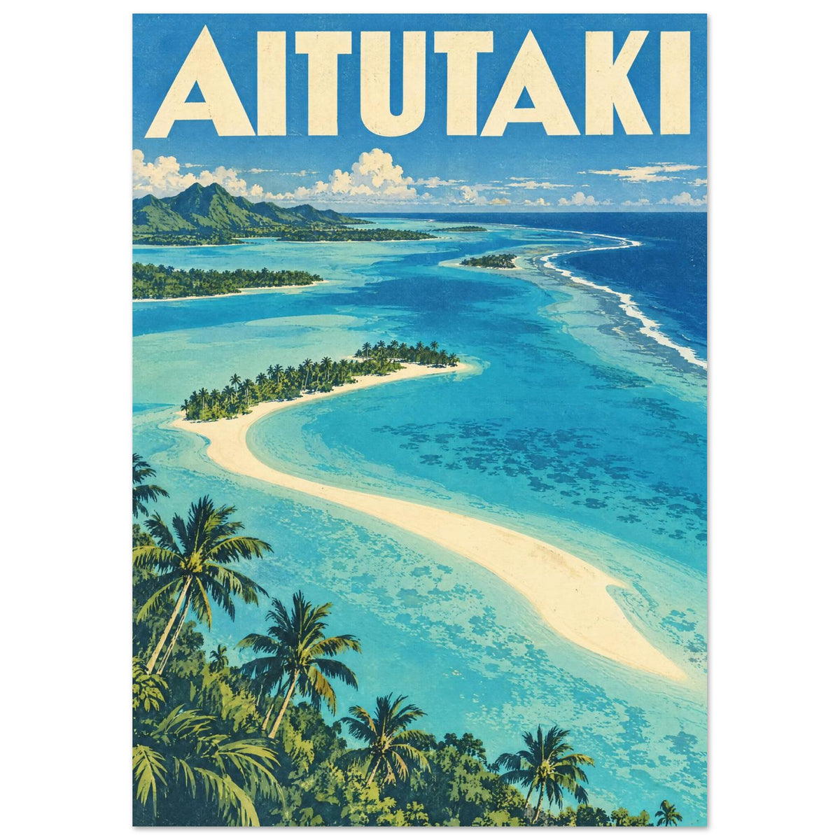 Aitutaki lagoon with turquoise water, cream sandbanks, green palms and distant hills beneath large cream AITUTAKI lettering.