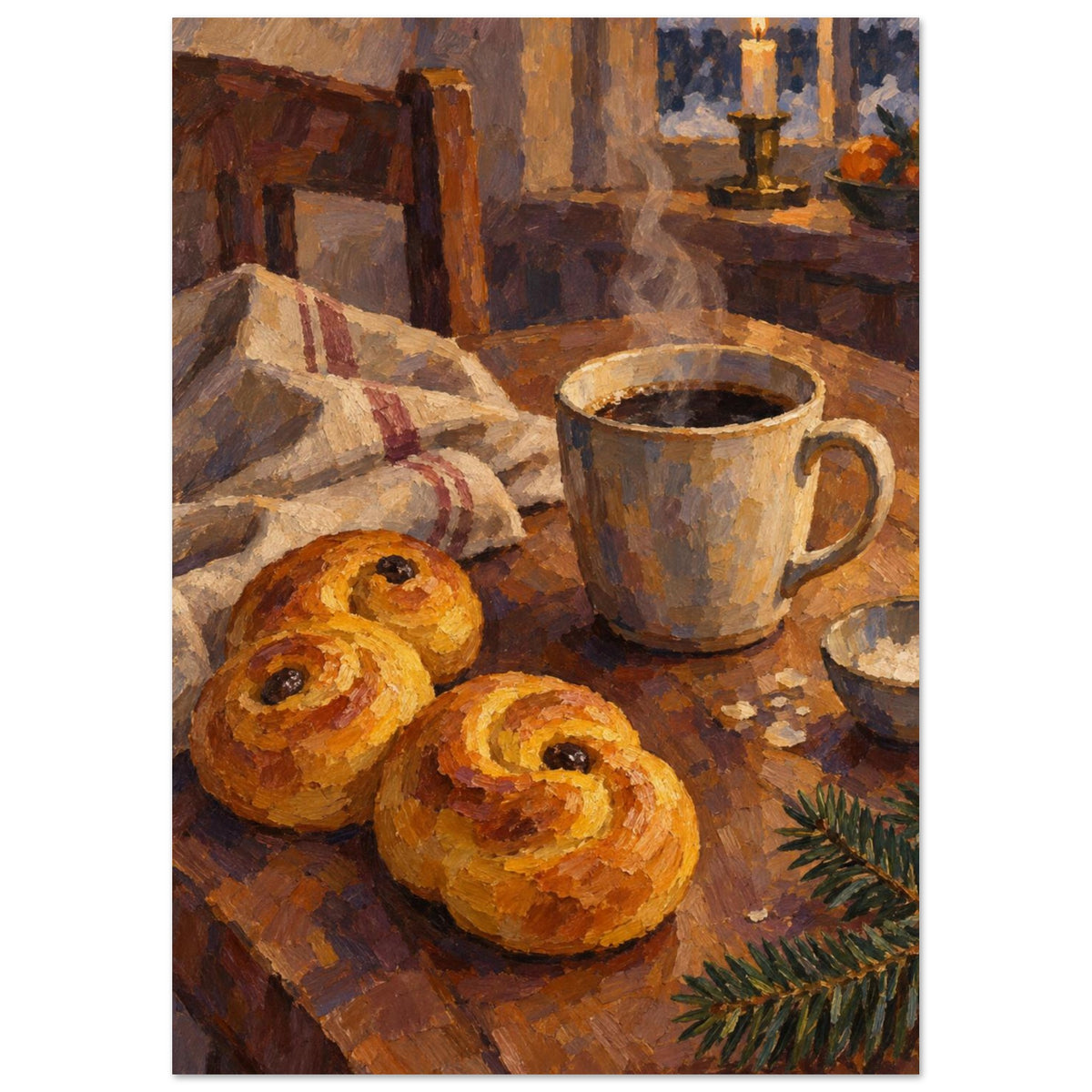 Saffron Buns at Dusk shows two saffron buns, coffee, folded linen and a fir sprig on a tilted table in ochre, aubergine and o