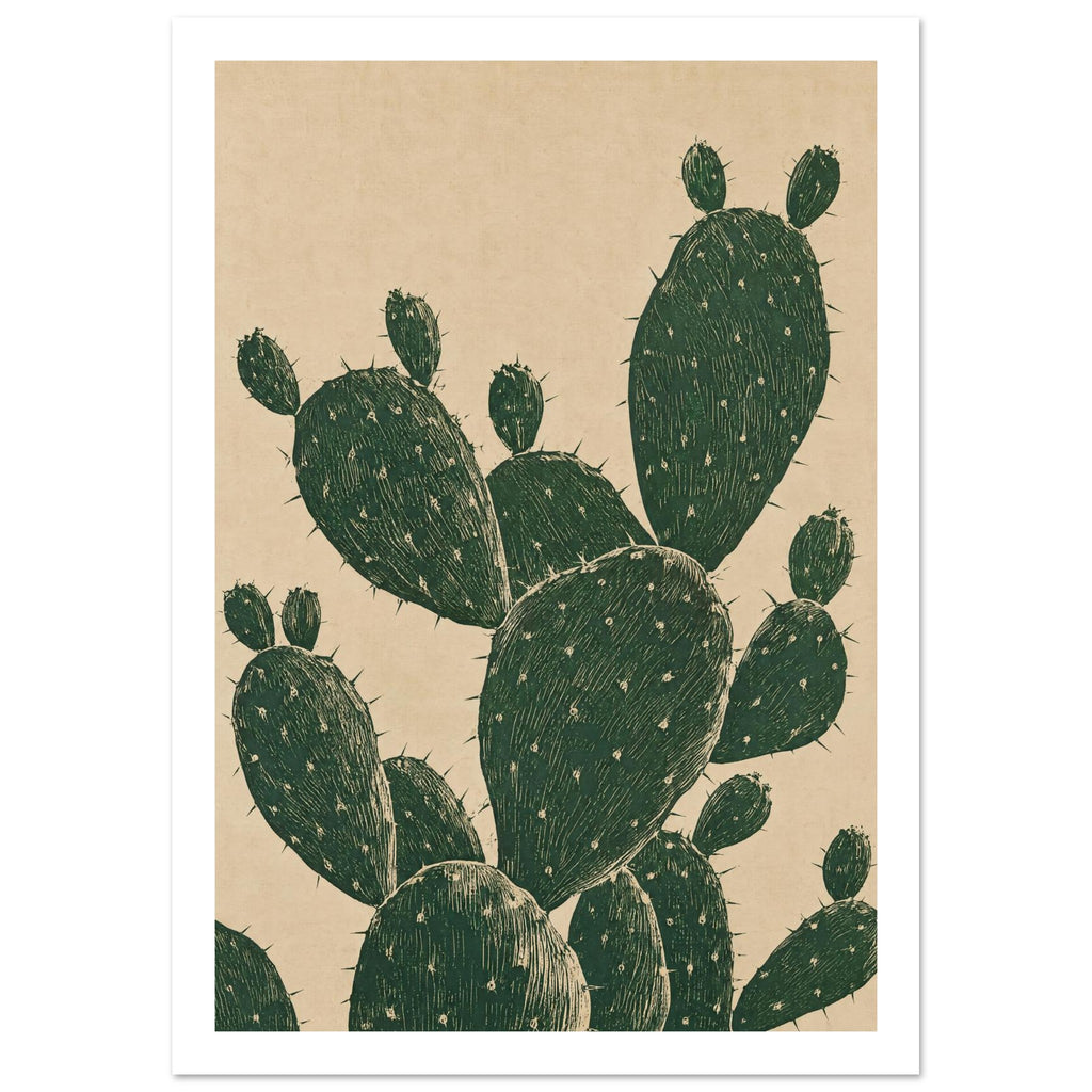 Prickly pear cactus with overlapping dark green oval pads, fine pale markings and spines against a textured beige background.