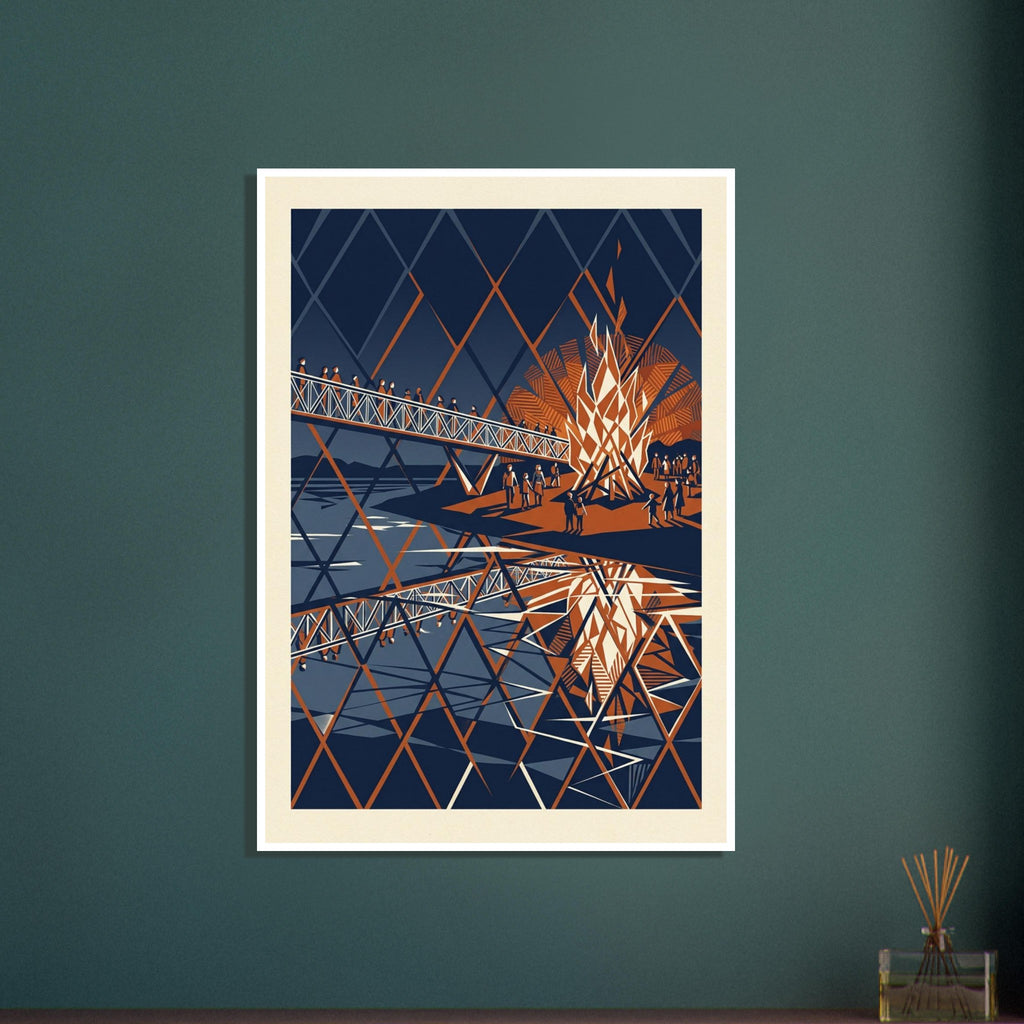 Riverside bonfire beside a bridge with small figures, reflected in angular navy, orange and cream shapes on the water.