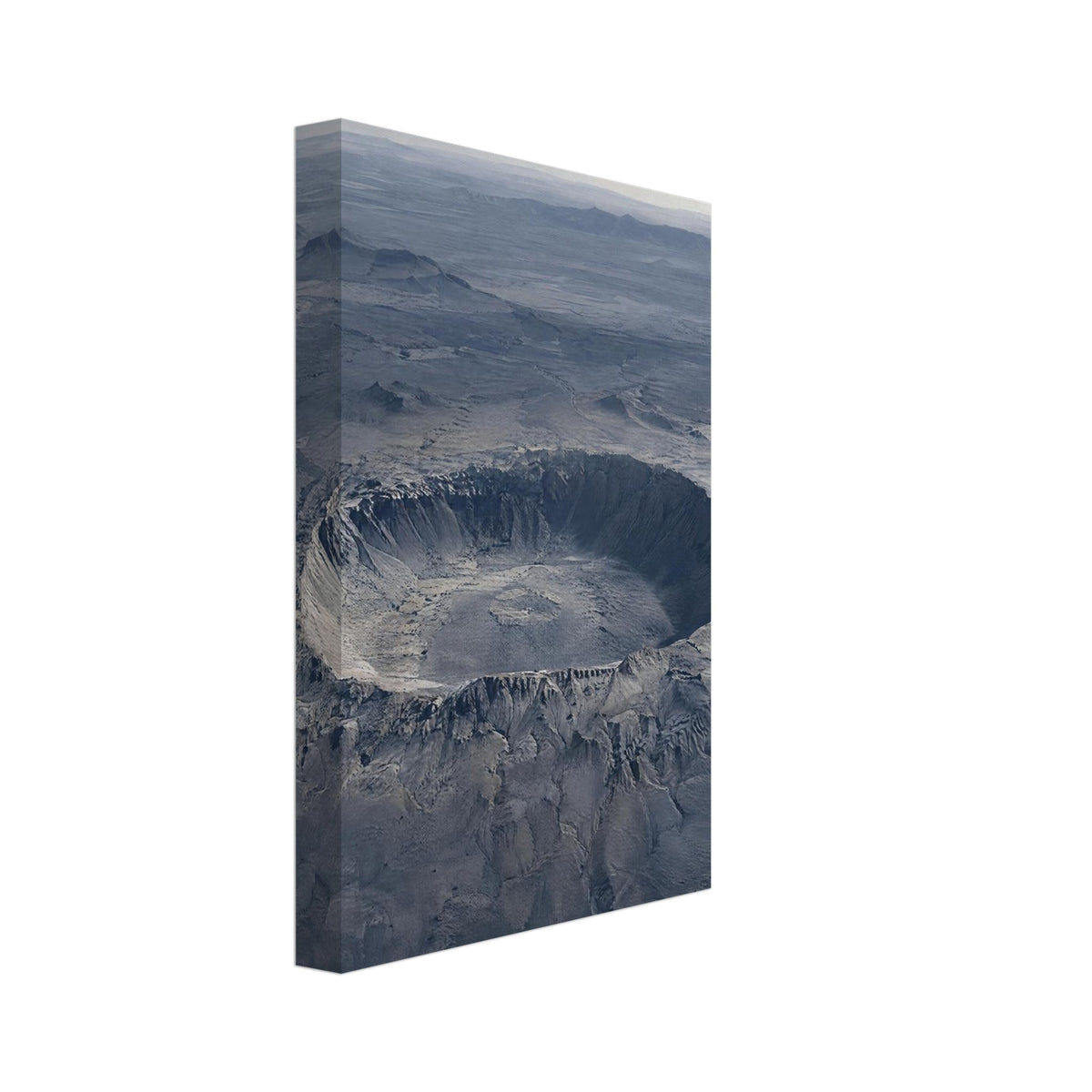 Large circular crater in a blue-grey desert plain, with rugged slopes, distant hills and a cloudy sky.
