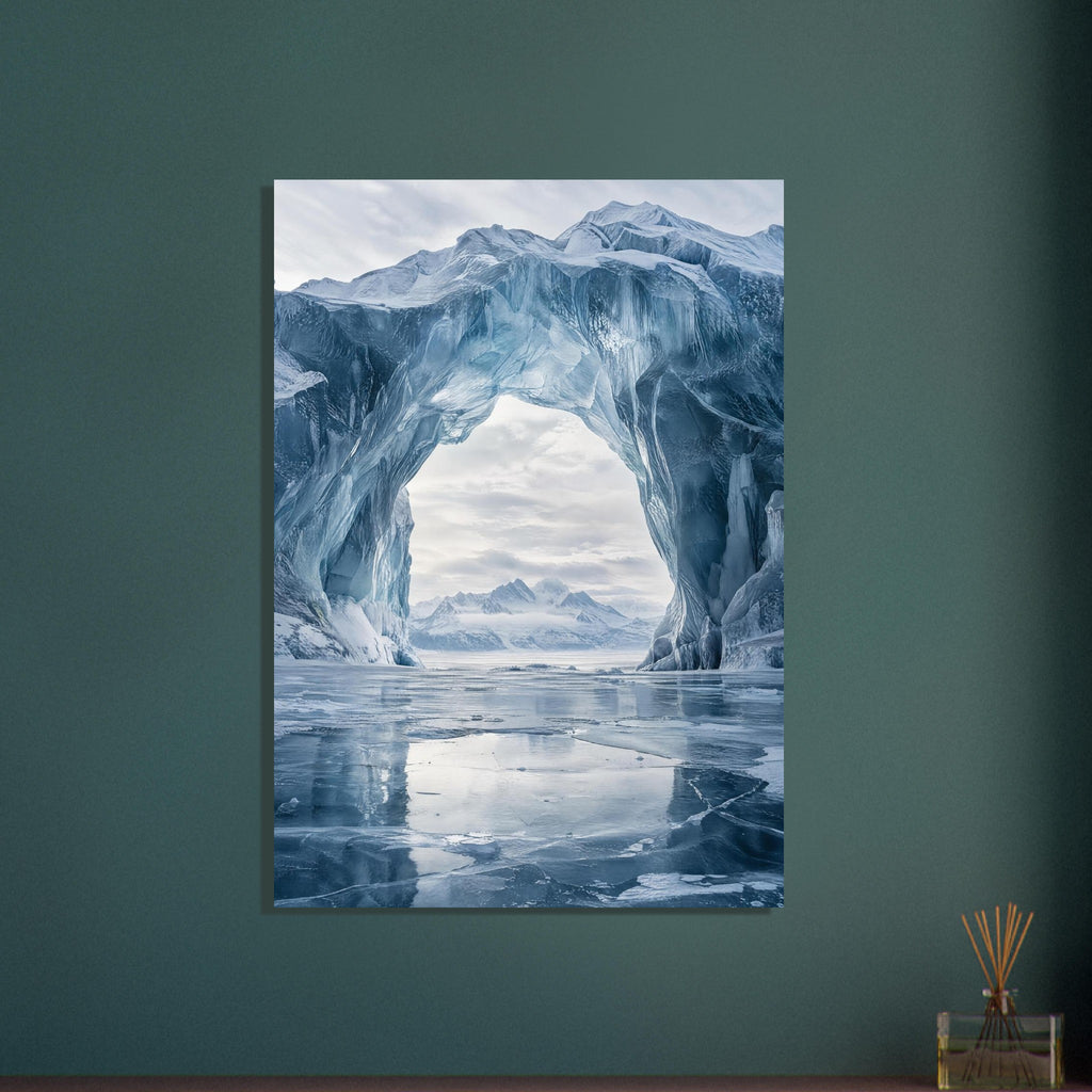 Towering blue ice arch framing snowy mountains and a cloudy sky, reflected on a cracked frozen surface.