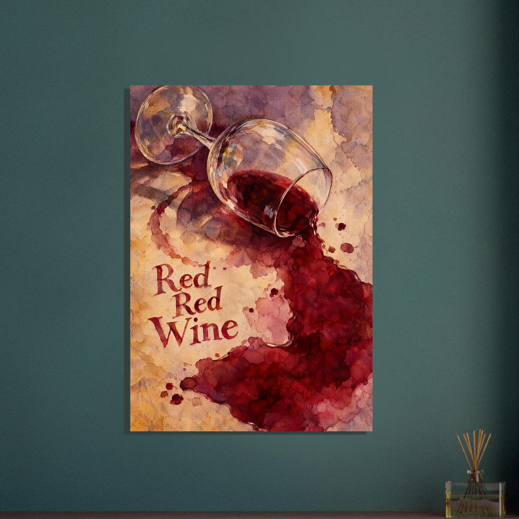 Tipped wine glass spilling burgundy wine over a beige watercolour background, with red ‘Red Red Wine’ lettering.