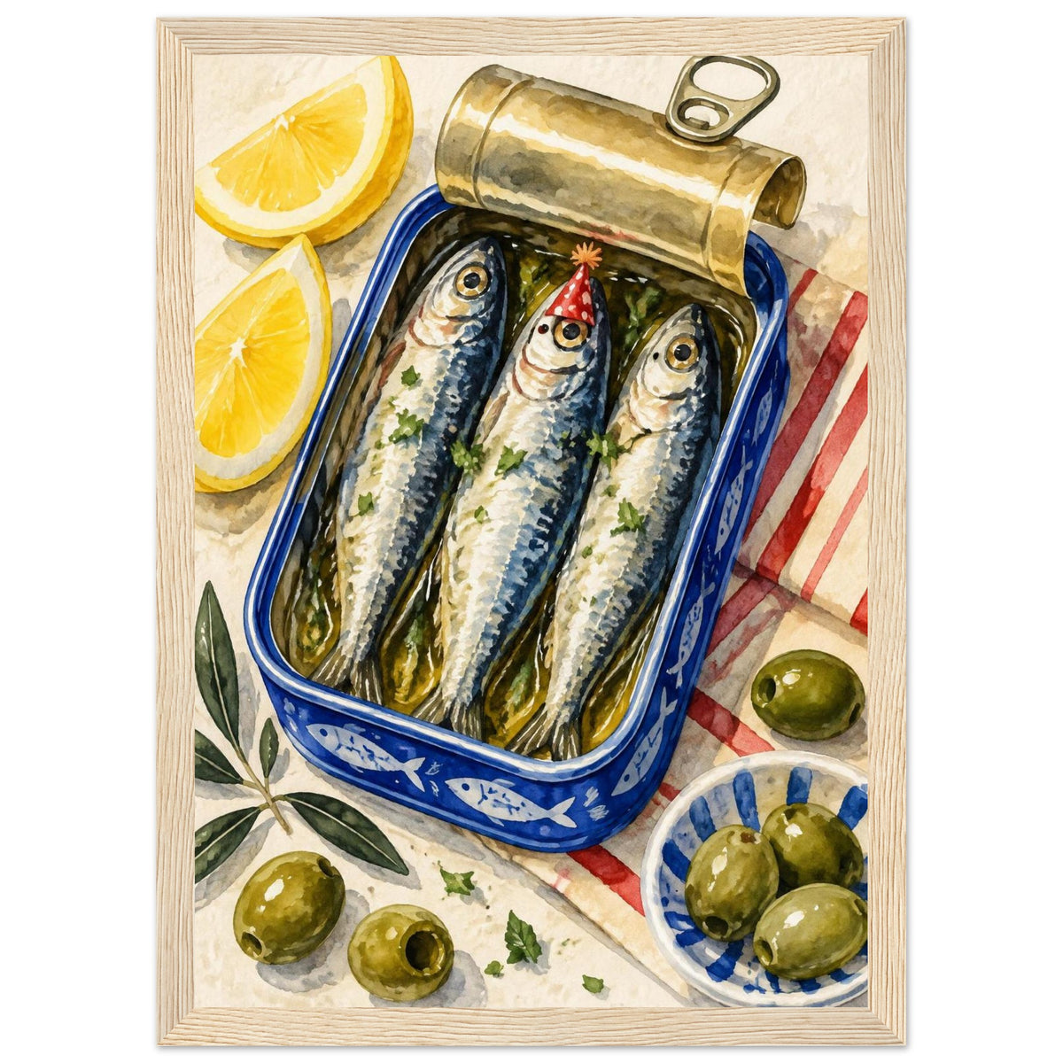 Three sardines in an open blue tin, one wearing a red party hat, surrounded by lemon wedges, olives and striped cloth.