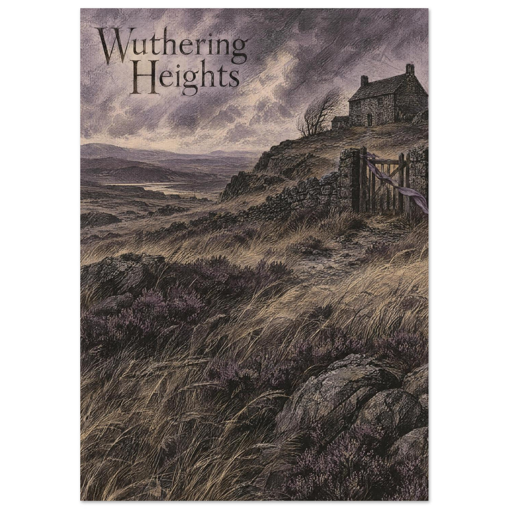 Wuthering Heights lettering above windswept moors, a stone house, rocky path and wooden gate beneath purple-grey clouds.