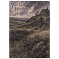 Wuthering Heights lettering above windswept moors, a stone house, rocky path and wooden gate beneath purple-grey clouds.