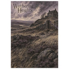Wuthering Heights lettering above windswept moors, a stone house, rocky path and wooden gate beneath purple-grey clouds.
