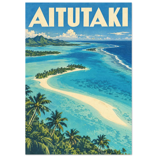 Aitutaki lagoon with turquoise water, cream sandbanks, green palms and distant hills beneath large cream AITUTAKI lettering.