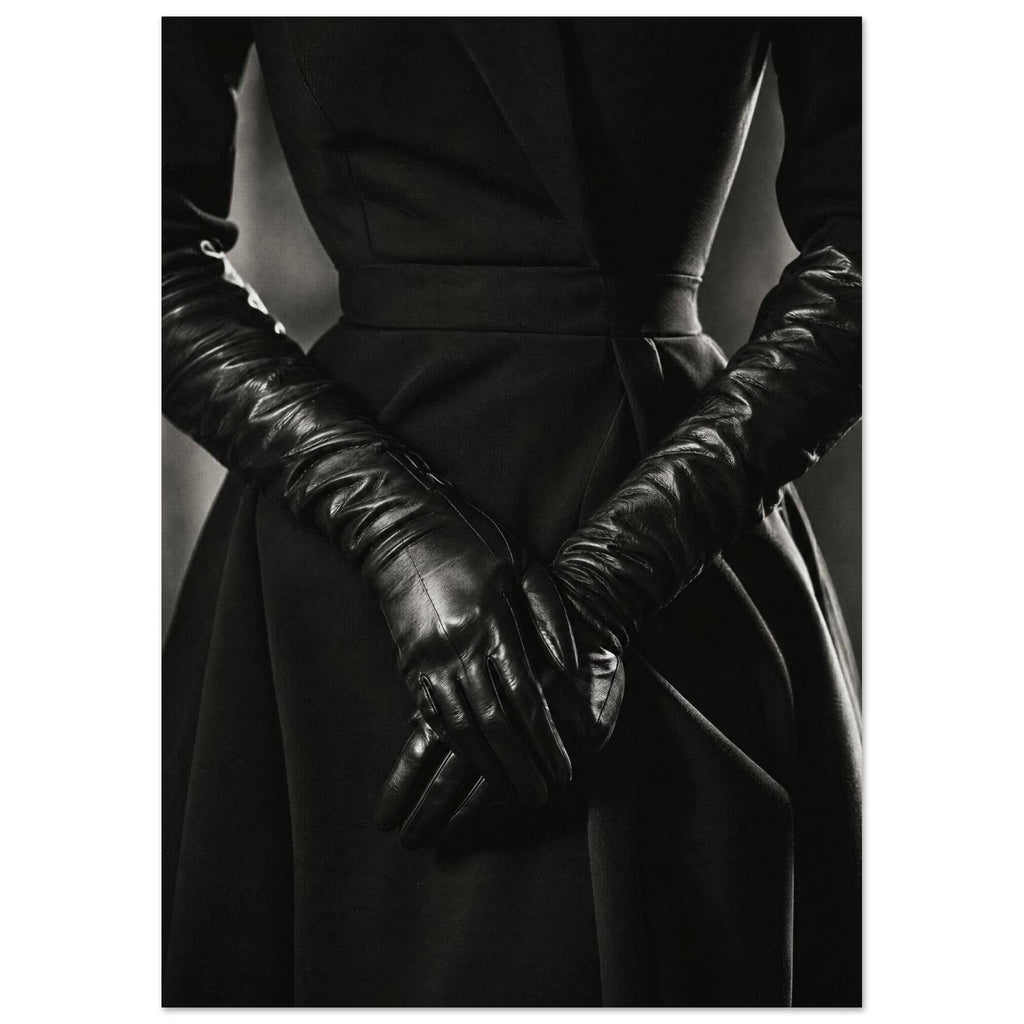 Overlapping hands in long black leather gloves against a dark fitted outfit, photographed in black and white.
