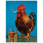 Rooster holding a smoking cigarette beside a glass of amber liquid and ice against a bright blue background.