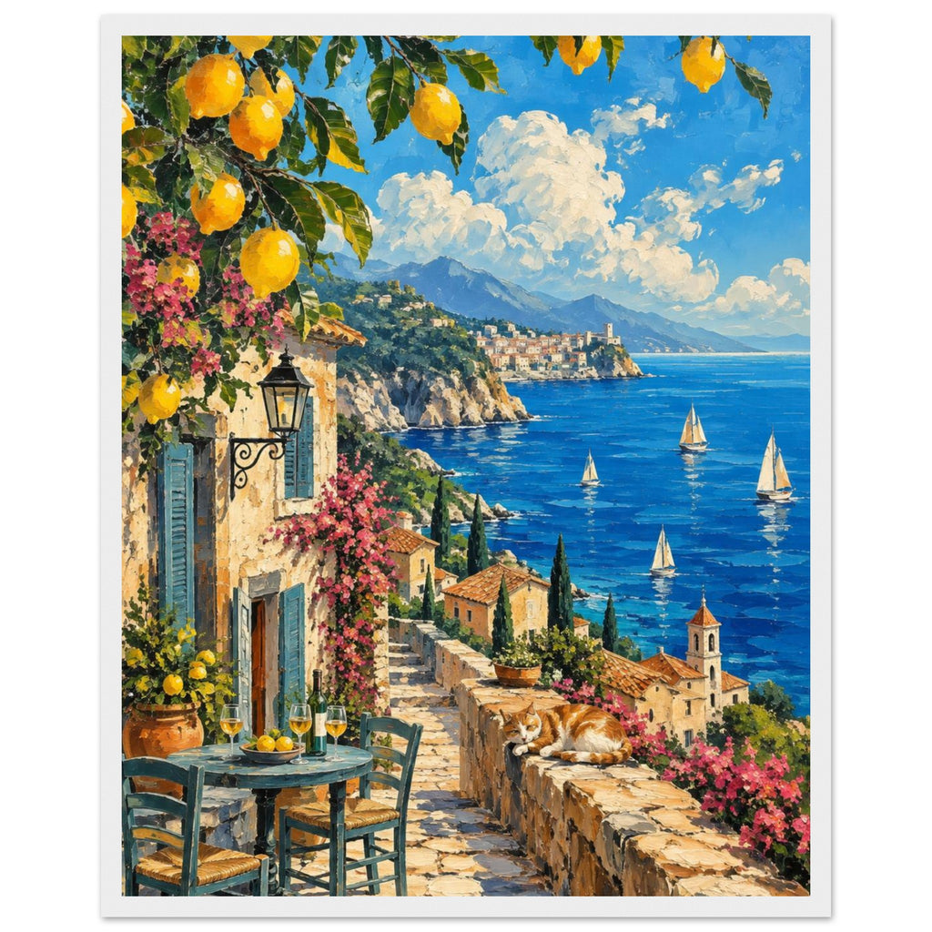 Lemon branches above a seaside terrace with a table, chairs and resting cat, overlooking sailboats and a coastal village.