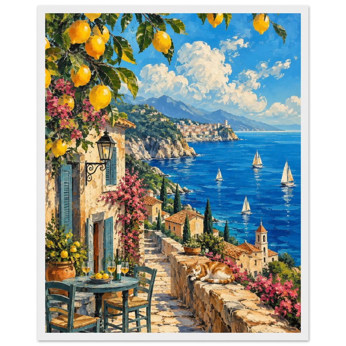 Lemon branches above a seaside terrace with a table, chairs and resting cat, overlooking sailboats and a coastal village.