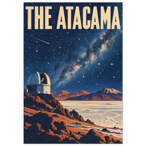 Atacama observatory above orange desert rocks and pale plains, beneath a star-filled blue sky and large cream lettering.