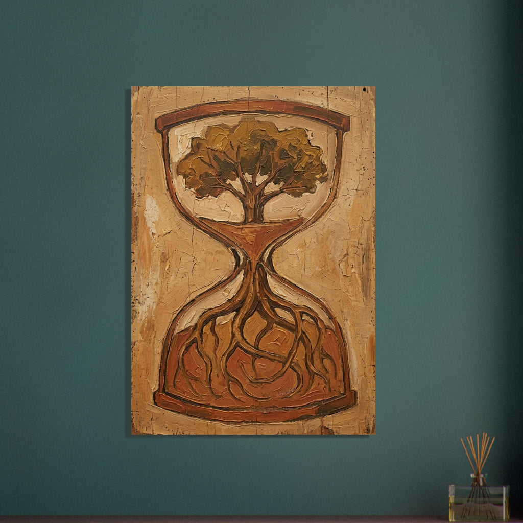 Tree inside an hourglass, with roots spreading into the lower chamber, painted in ochre, brown and sandy beige.