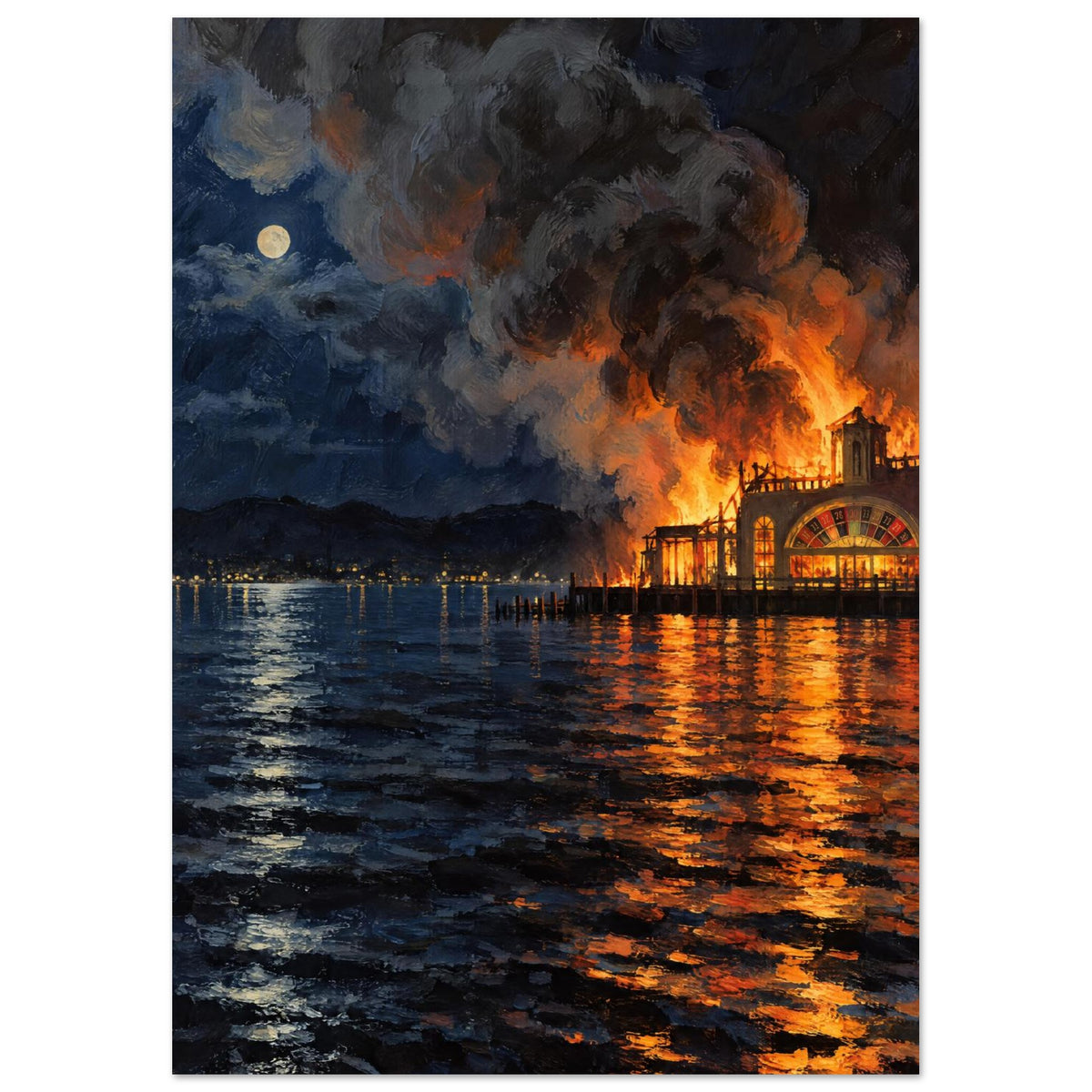 Burning waterfront building beneath billowing smoke, with orange flames and a pale moon reflected in dark blue water.