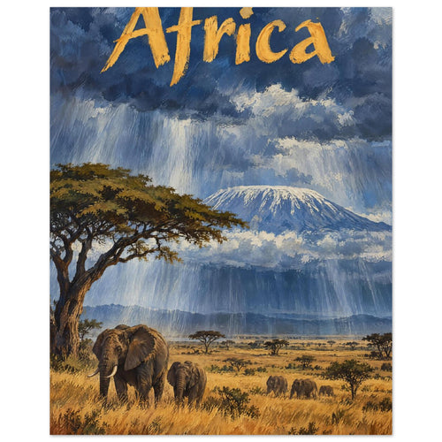 Elephants in golden grassland beneath a tree, with a snowy mountain, blue rain clouds and ochre Africa lettering above.