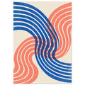 Blue and coral curved bands overlap across a cream background, with a distressed texture throughout.