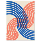 Blue and coral curved bands overlap across a cream background, with a distressed texture throughout.