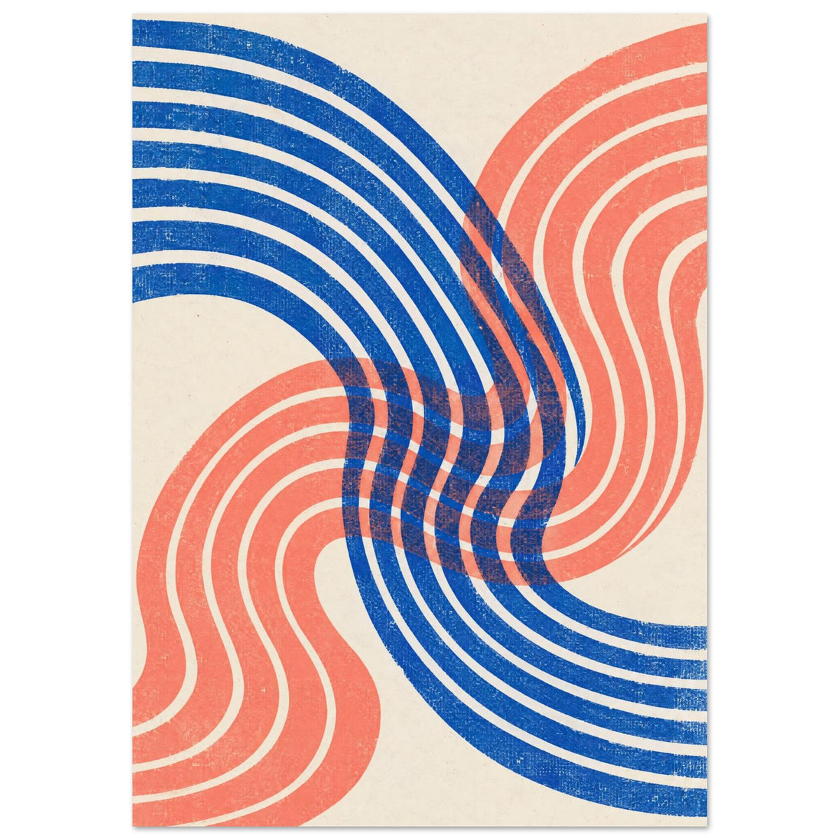 Blue and coral curved bands overlap across a cream background, with a distressed texture throughout.