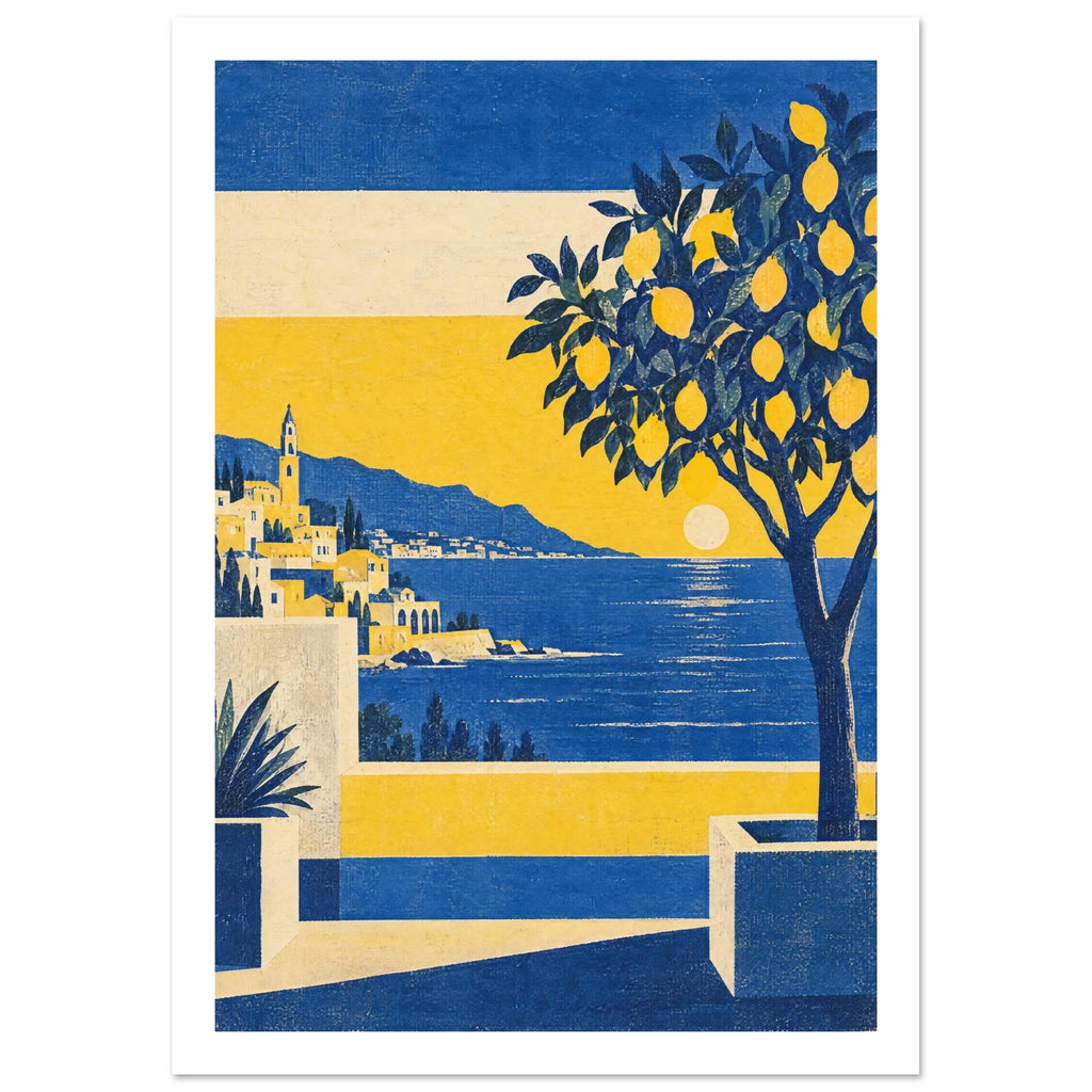 Lemon tree in a terrace planter overlooking a blue sea, hillside village and low sun, rendered in yellow, blue and cream.