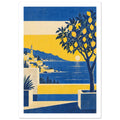 Lemon tree in a terrace planter overlooking a blue sea, hillside village and low sun, rendered in yellow, blue and cream.