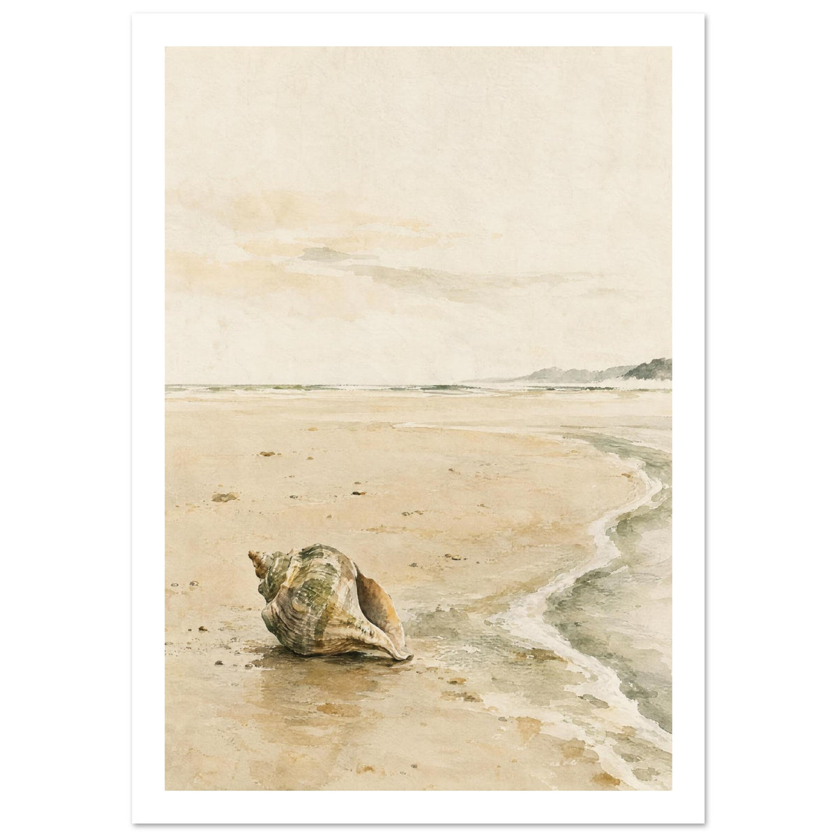 Ridged seashell on wet sand beside a curving foamy shoreline, with distant headlands beneath a pale cream sky.