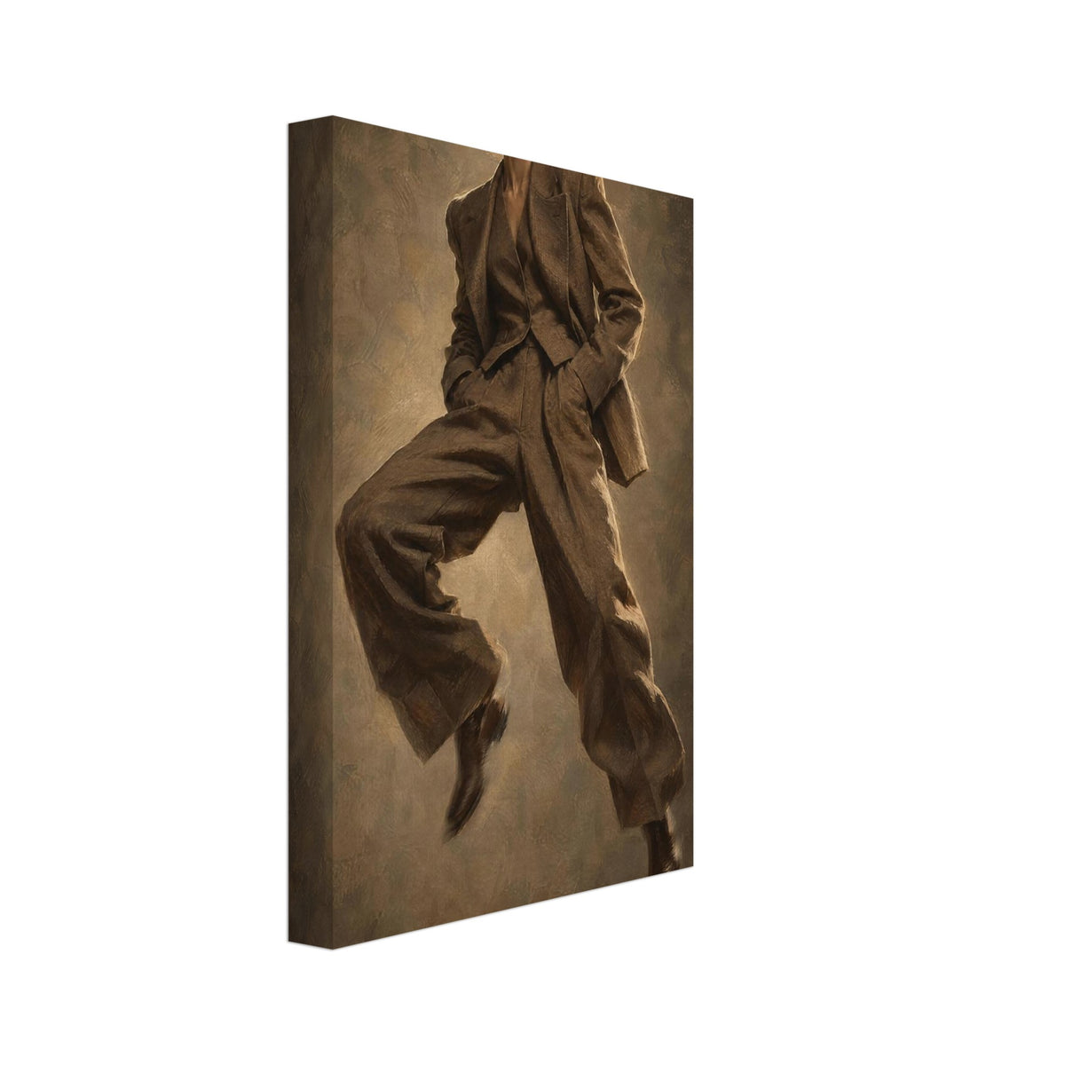 Suit in Suspension, a full-length model caught mid-jump in an oversized brown trouser suit against a sand-toned studio backgr