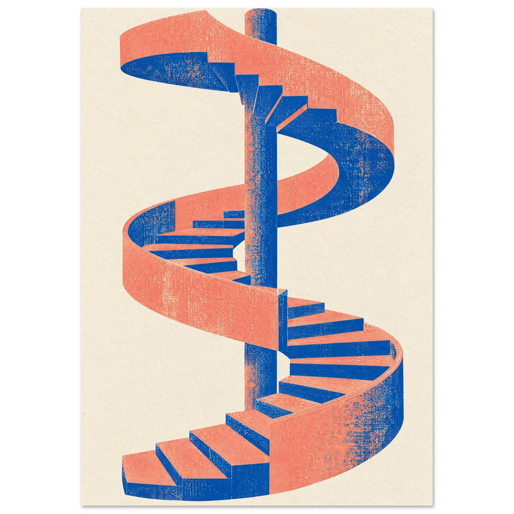Spiral staircase in coral and cobalt blue winding around a central column on a cream background, with distressed texture.