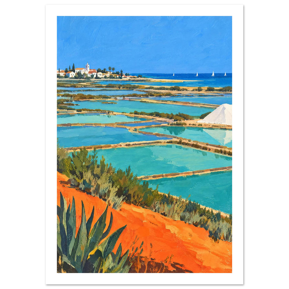 Coastal salt pans with turquoise pools, orange earth, green plants, a white salt mound and a distant village under blue sky.